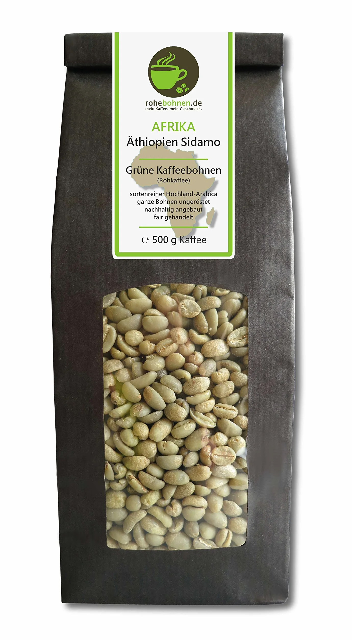 Granos de café verde Etiopía Sidamo (granos de café crudo de las tierras altas, 500 g)
