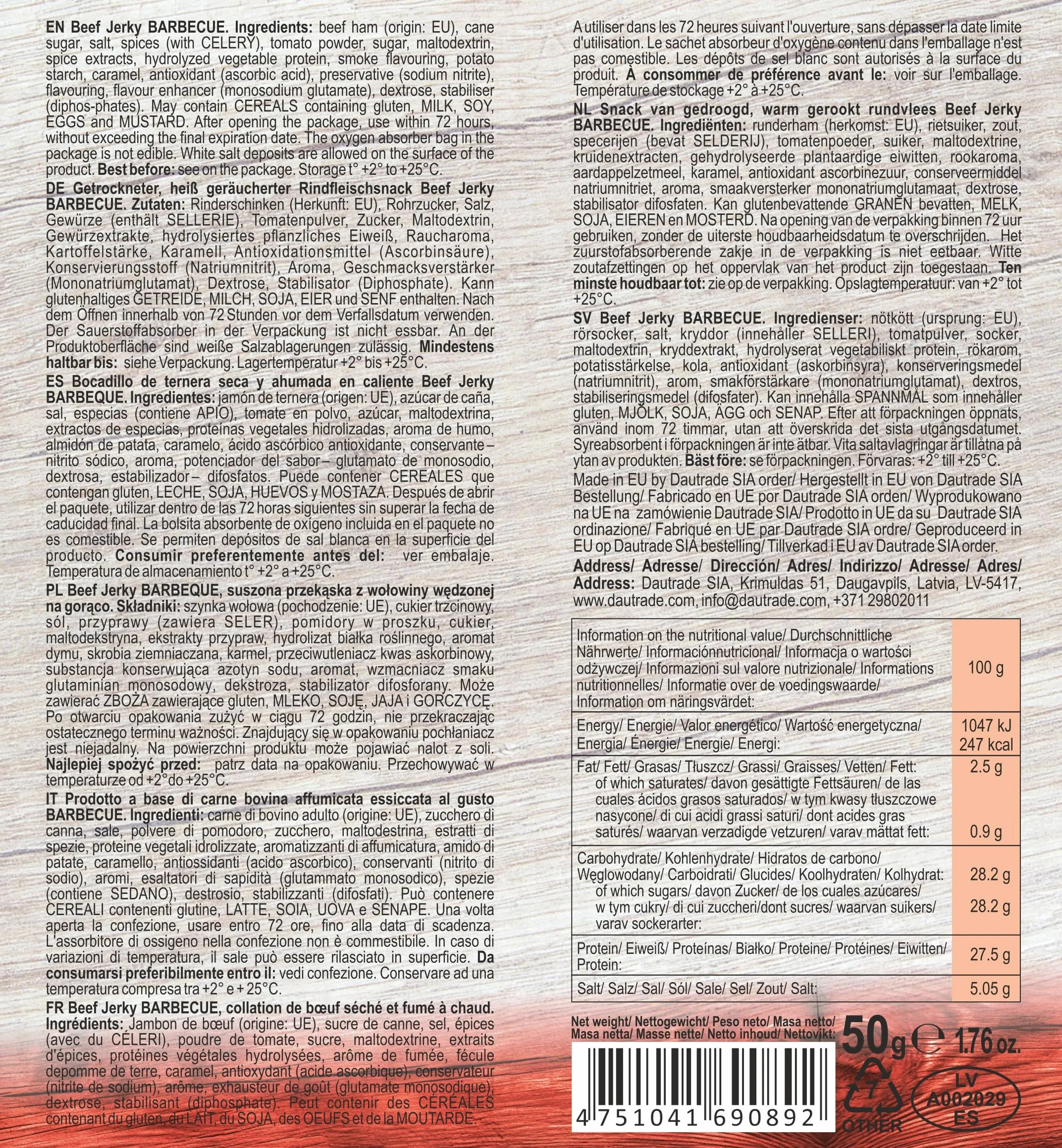 Viking Bites Beef Jerky, envase mixto de 300 g (6 x 50 g) - 2x Original, 2x Barbacoa, 2x Teriyaki - Cecina de ternera - Aperitivo de carne - Con un alto contenido de proteínas