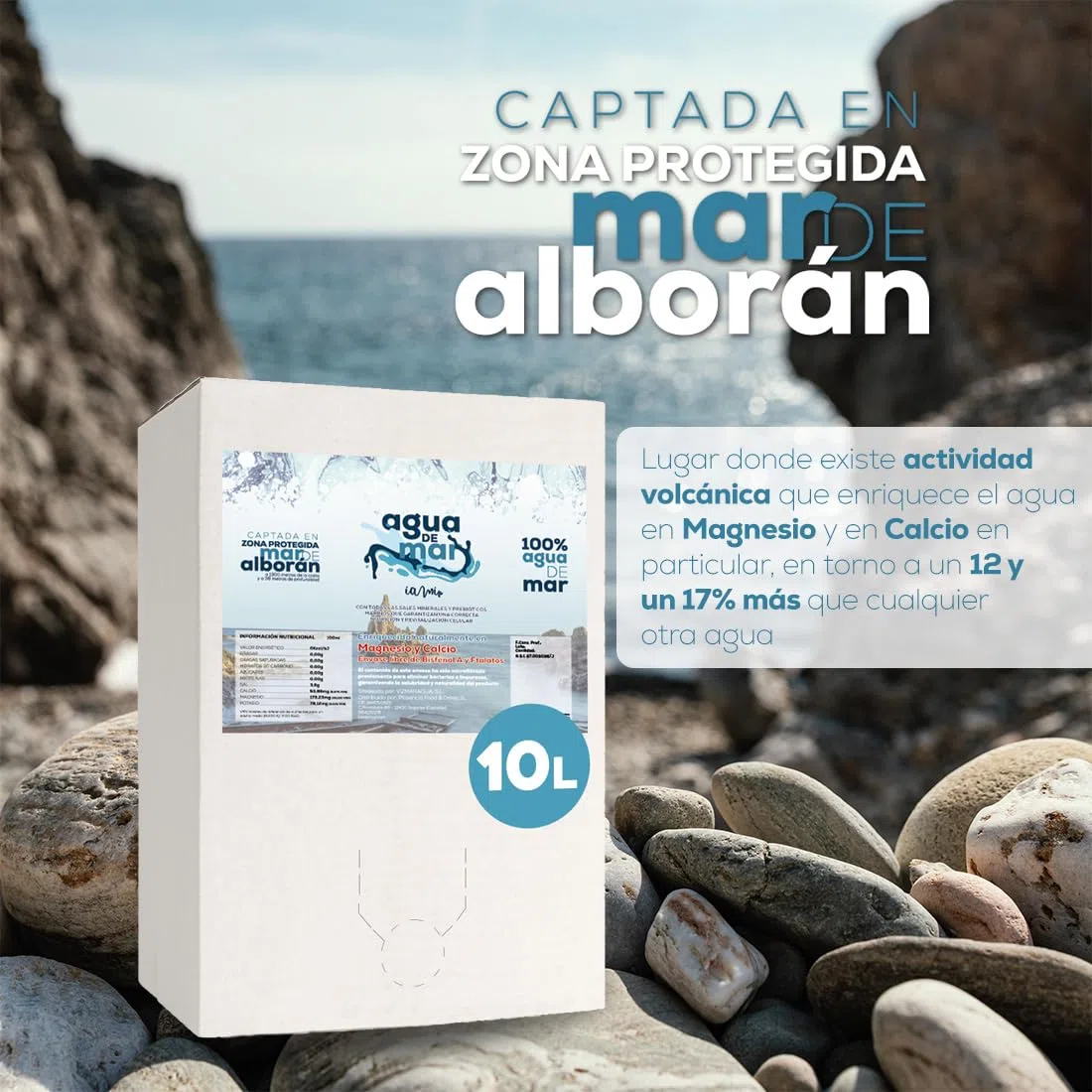 Agua de Mar 100% Natural e Hipertonica del Mar de Alborán - Para Cocinar, Rica en Magnesio y Calcio - Microfiltrada - Alternativa Saludable a la Sal (BiB 10 litros)