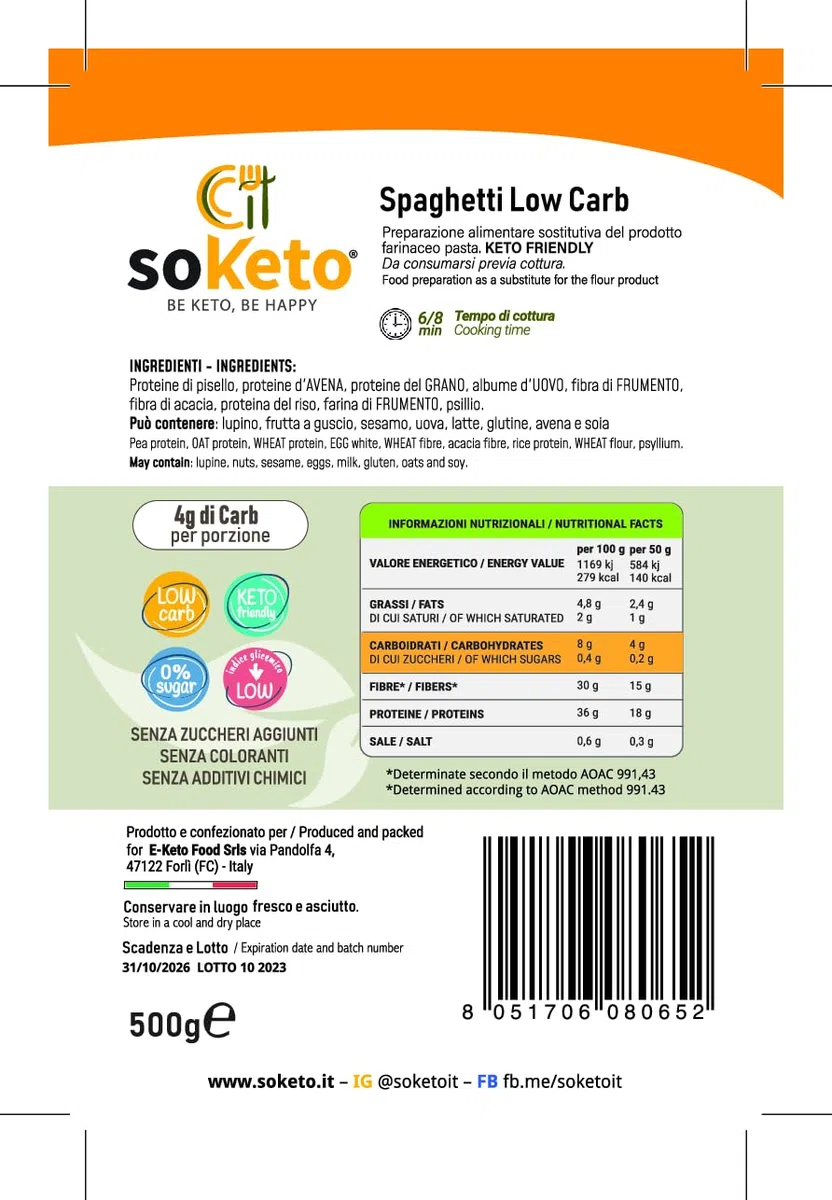 Espaguetis Keto Cero Carbohidratos 500 GR para Dieta Keto o Baja en Carbohidratos - Solo 4 Carbohidratos y 0,25 g de Azúcares por Porción