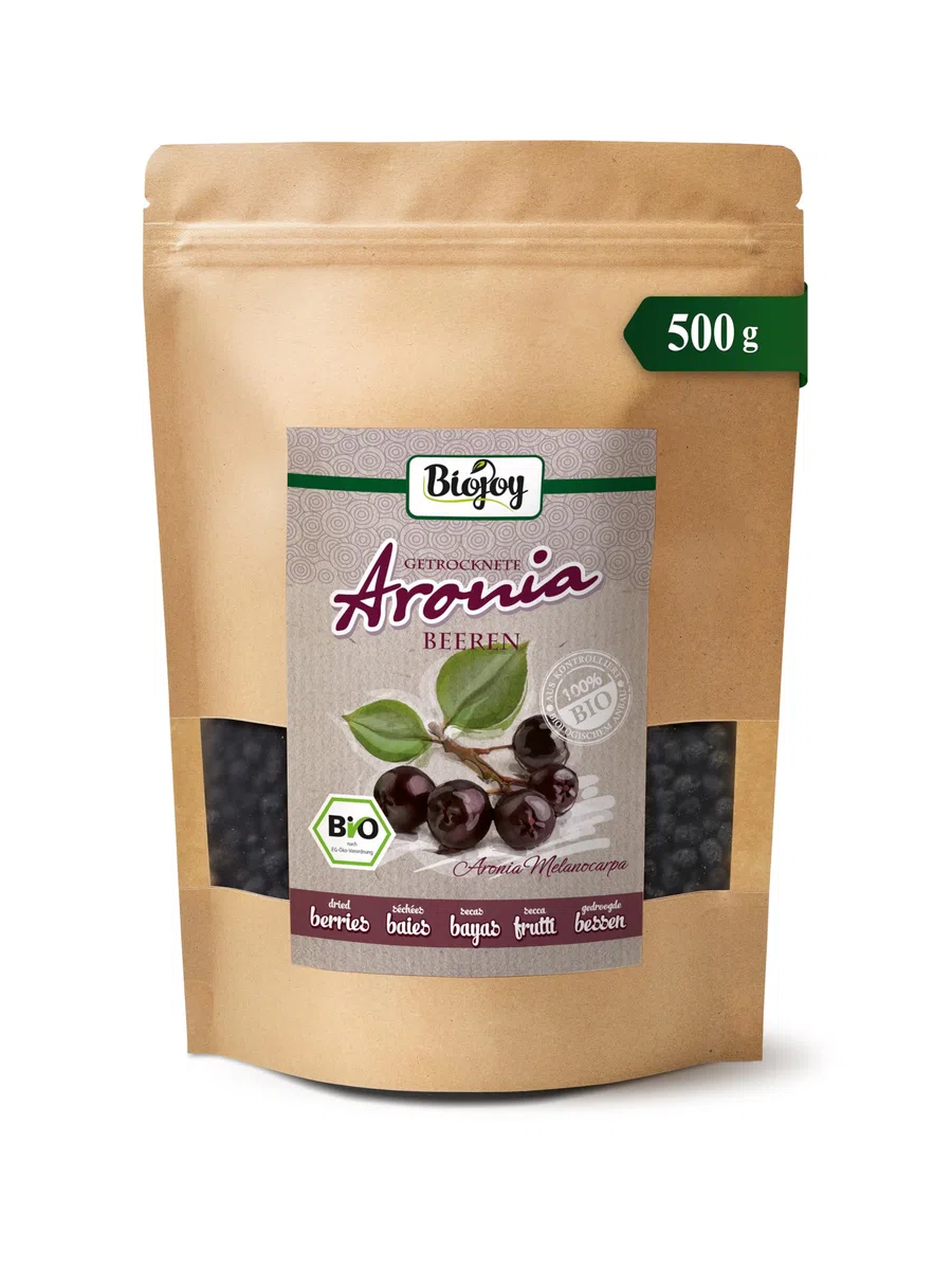 Biojoy Bayas de Aronia secas BÍO (500 g), Frutas enteras, sin azúcar añadido (Aronia melanocarpa)