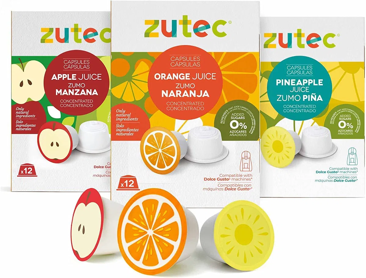 Zutec - Cápsulas de Zumo - Compatibles con Dolce Gusto* Cafetera - Surtido de Sabores - Naranja, Piña y Manzana - 3 Packs de 12 Cápsulas - 36 Cápsulas - Vegano
