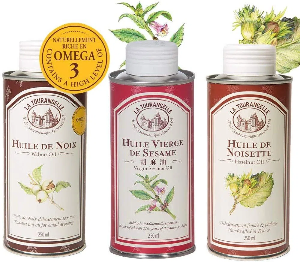 La Tourangelle - Lot de 3 Huiles Gourmandes : Huile de Noix, Huile de Noisette, Huile Vierge de Sésame. Idéales pour Vos Recettes de tous les Jours - 3 X 250ml , El empaque puede variar