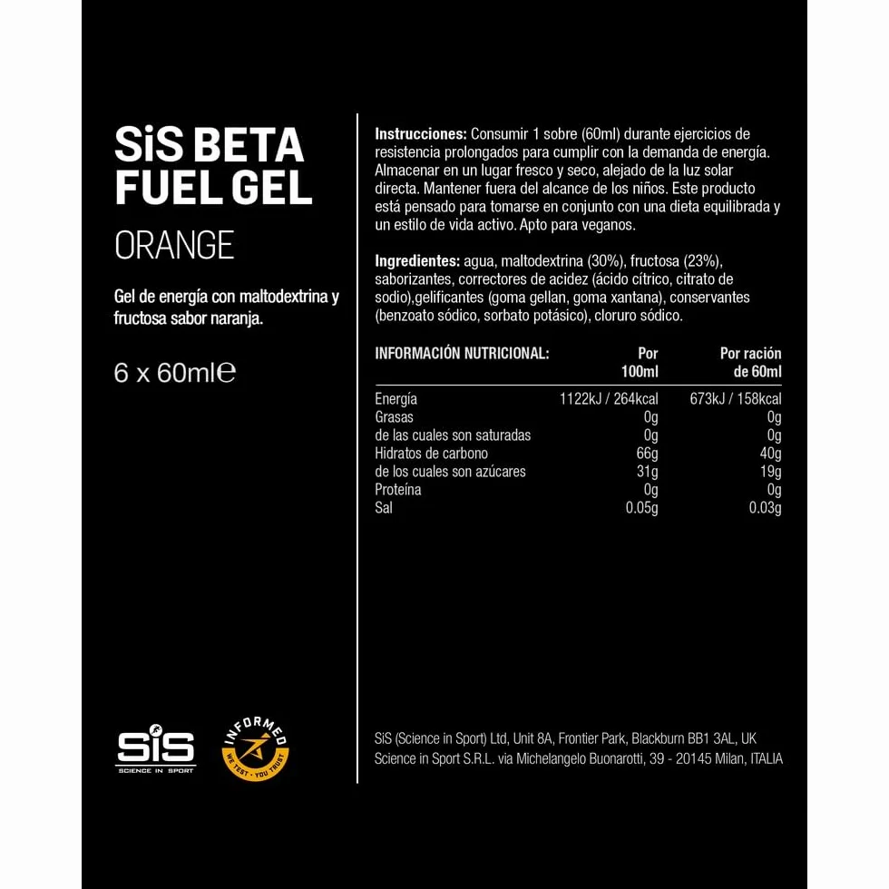 Science in Sport BETA Fuel Dual Source Gel 6x60ml Naranja - Gel energético rico en carbohidratos con 40g de hidratos de carbono - Energy gel de fácil digestión para un rendimiento óptimo