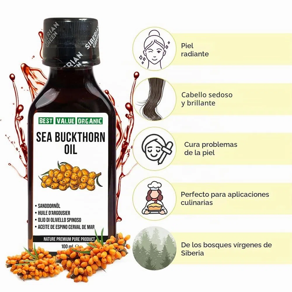 Aceite de espino amarillo siberiano 3.4 oz líq. / 100 ml virgen extra crudo sin refinar, primer prensado en frío a partir de semillas y bayas de espino amarillo recolectadas en el medio silvestre
