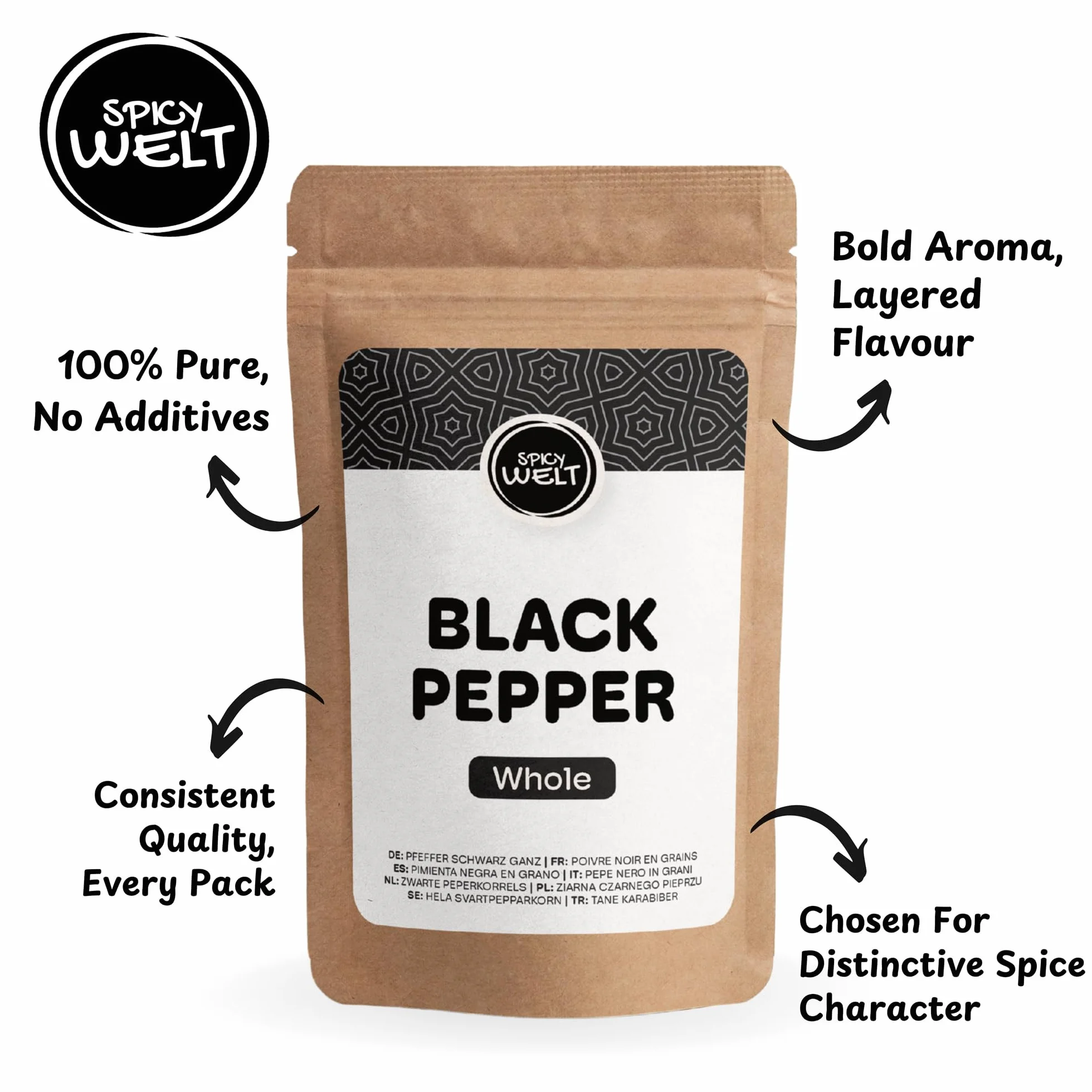Spicy Welt Pimienta Negra en Grano (1kg) – Granos de Pimienta para Molinillos – para Sopas, Salsas & Verduras Asadas | Aromático, Intenso & Fresco | 100% Natural, Sin Aditivos