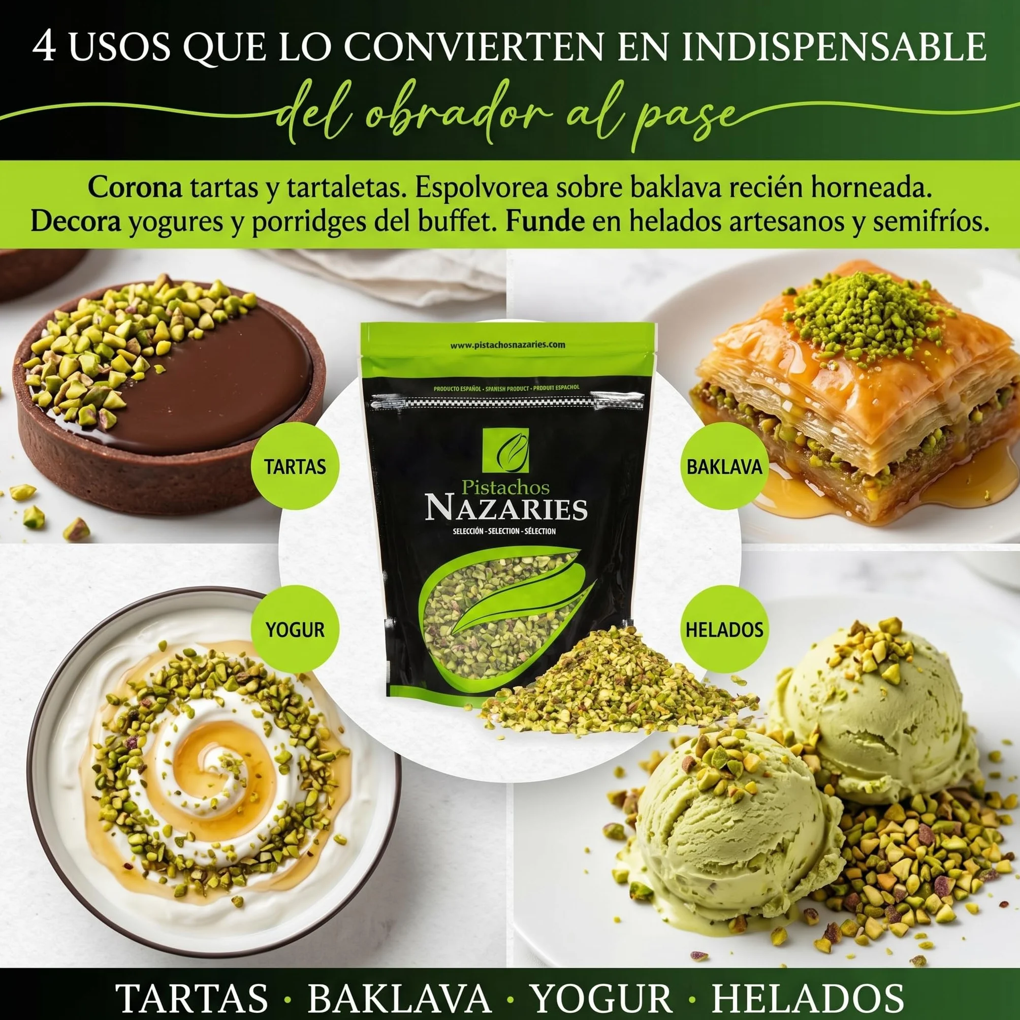 Nazaries Granillo de Pistacho al Natural Sin Sal pack 2x250 g Bolsa Hermetica Sin Gluten Andalucia Troceado Reposteria Helados Tarta Yogur Baklava Decoracion Postres Frutos Secos Picado Crudo Pelado