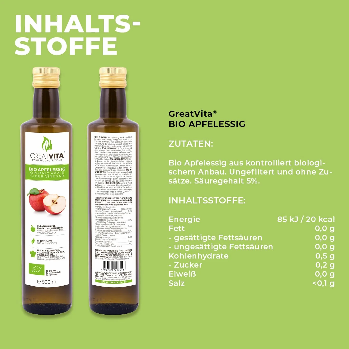 GreatVita - Vinagre de sidra de manzana ecológico (4 x 500 ml, sin filtrar, con tuerca de vinagre, impresión puede variar)