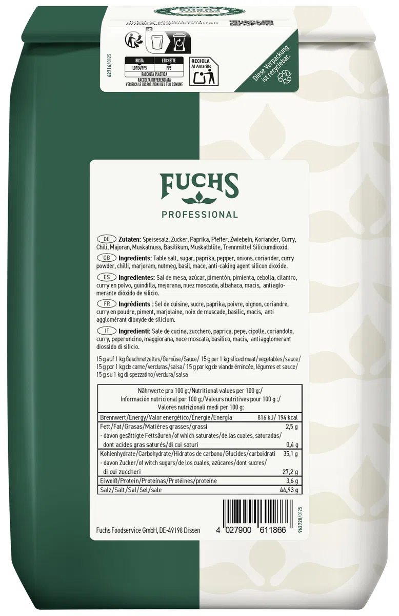 Fuchs Professional - sal para condimentar china | 1,5 kg en bolsa reciclable | Calidad profesional para consumidores a granel | Especia asiática versátil | No es necesaria más salazón