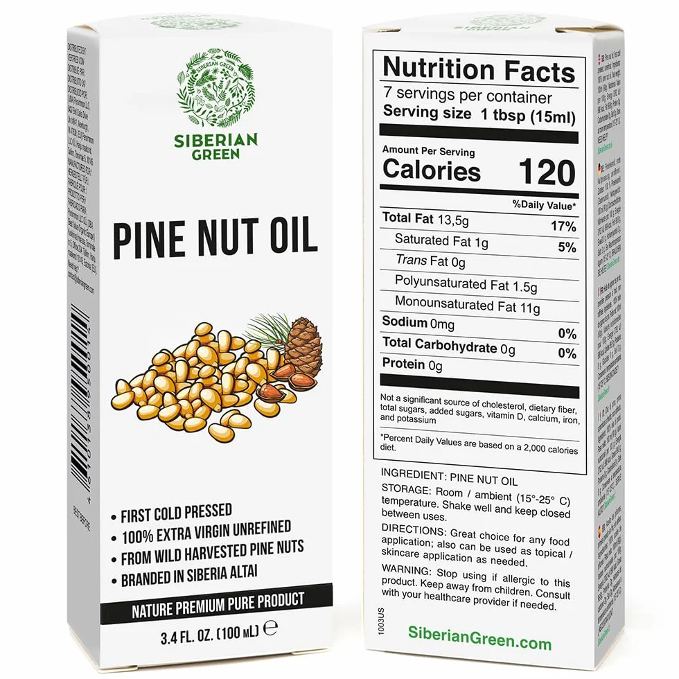 Aceite de nuez de pino siberiano 3.4 fl.oz / 100ml crudo extra virgen sin refinar, primer prensado en frío de piñones recolectados en el medio silvestre