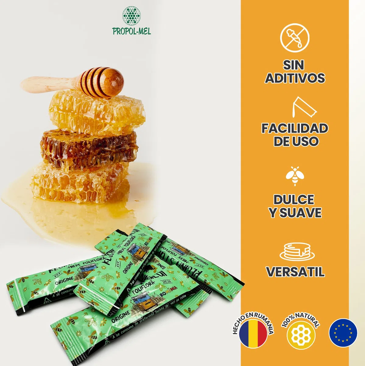 Propol-mel - Miel Polifloral en Sticks Monodosis | 12g x 50 Unidades | 100% Natural y Pura de Rumanía | Dulce y Suave | Ideal para Té, Café, Postres y Más