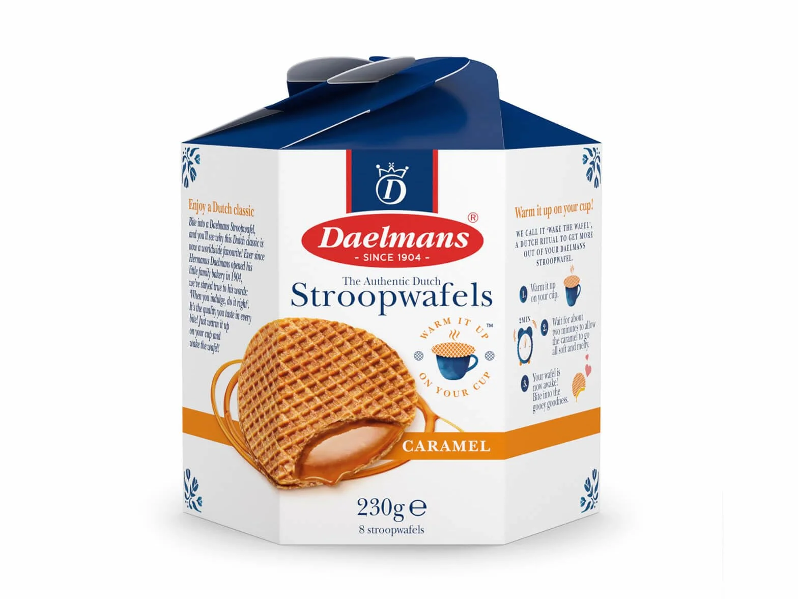 Daelmans Stroopwafels Caja Hexagonal, 8 Gofres de Caramelo Holandeses, Diámetro 8 cm, 230 g, Snack Clásico para Café