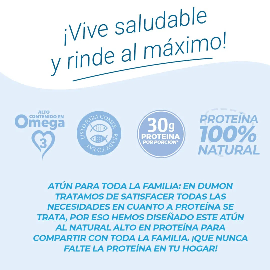 DUMON - 8 unidades de 160g Atún Claro al Natural en Conserva, en su propio jugo o agua. Pescado enlatado alto en Omega 3 y proteína