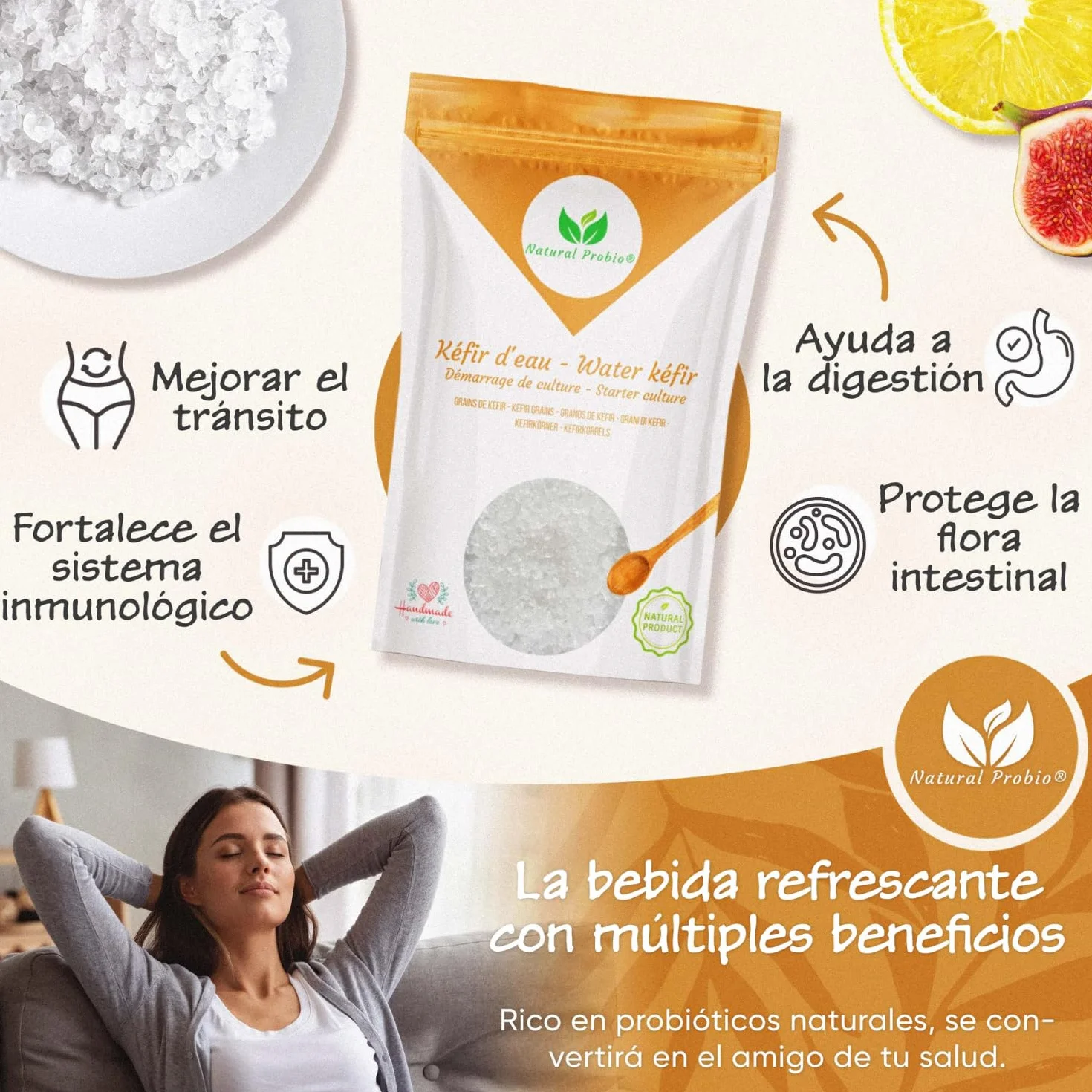 Natural Probio® Kéfir de agua - Kit de inicio de cultivo - Granos de kéfir de frutas + Instrucciones completas, receta y consejos + Acceso a Ebook y recetas (10g deshidratado / 60g rehidratado)