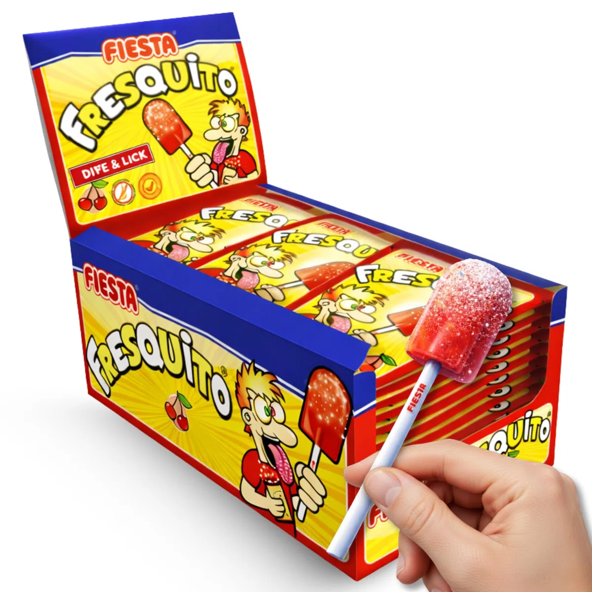 Fresquito sabor Cereza, Caramelo con palo y polvo acidulado, sin gluten, sin huevo y sin lactosa es completamente apto para celíacos, Contiene 1 caja con 40 unidades