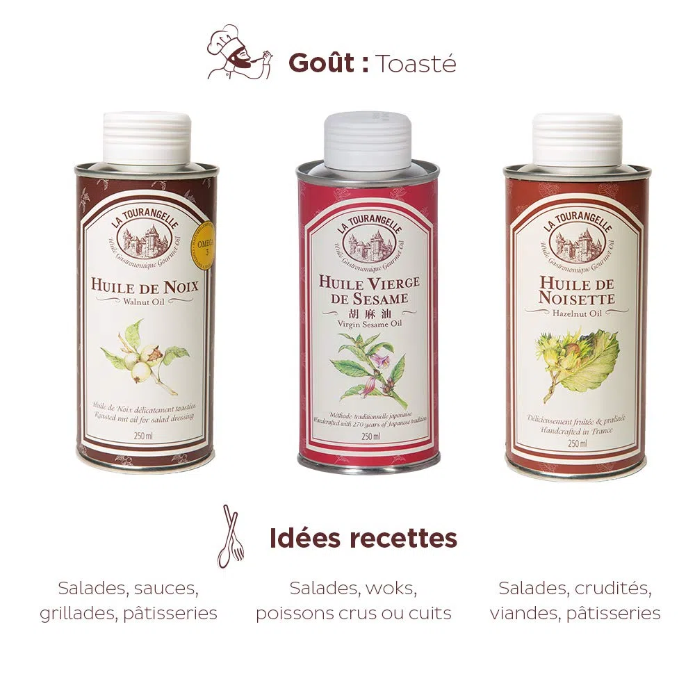 La Tourangelle - Lot de 3 Huiles Gourmandes : Huile de Noix, Huile de Noisette, Huile Vierge de Sésame. Idéales pour Vos Recettes de tous les Jours - 3 X 250ml , El empaque puede variar