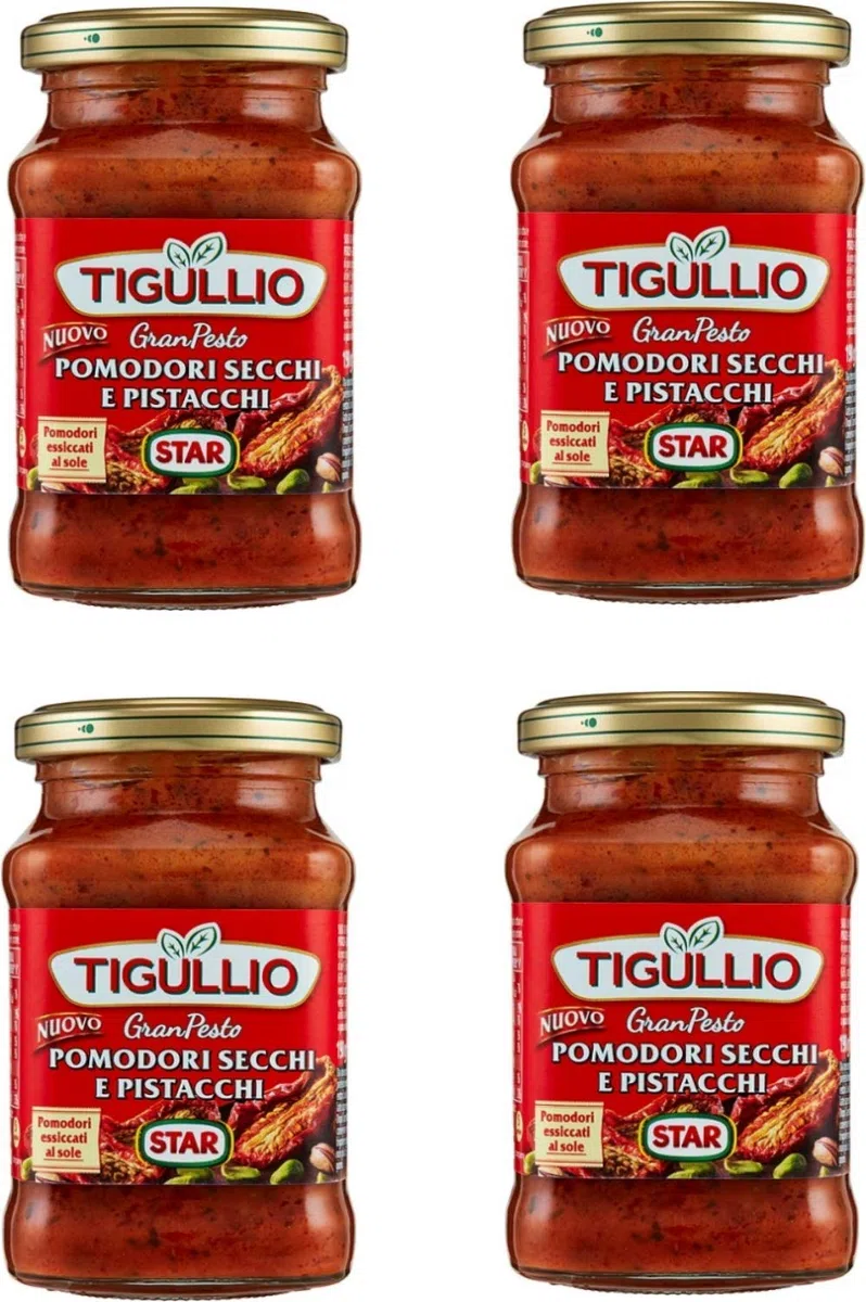 Tigullio: "Gran Pesto Pomodori Secchi e Pistacchi" Tomates secos y pesto de pistachos – Paquetes de 6.42 onzas líquidas (190 ml) (paquete de 4)