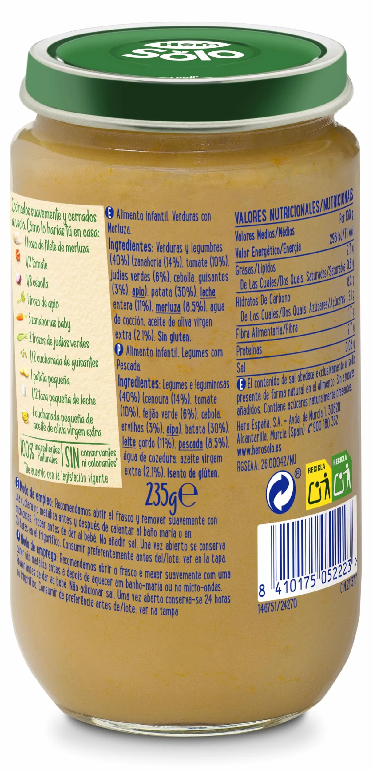 Hero Baby Tarrito Infantil Verduritas con Merluza, 235 g, 12 sztuk, od 8 miesiąca, bez oleju palmowego