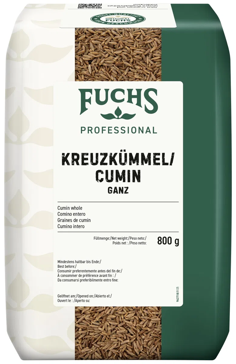 Fuchs Professional - Comino entero | 800 g en bolsa reciclable | Sabor picante y aromático para platos de curry, chiles y carne | Calidad profesional para consumidores a granel y gastronomía