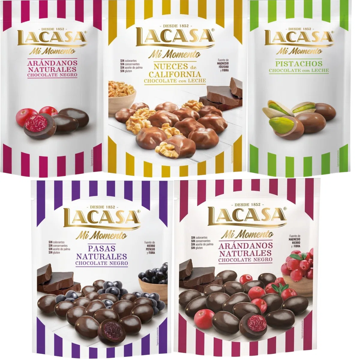 Lacasa Mi Momento pack de 5:Arándano Chocolate Negro 60 G,Pistacho Chocolate Leche,Arándano Chocolate Negro,Nueces Chocolate Leche,Pasas Chocolate Negro