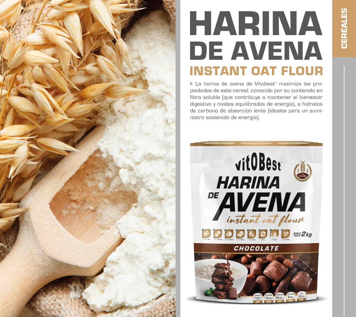 VITOBEST | Harina de Avena Cereales (Bolsa) | 100% integral rica en fibra soluble | Ideal para mantener una dieta sana y balanceada | Sabor Chocolate - 2 kg