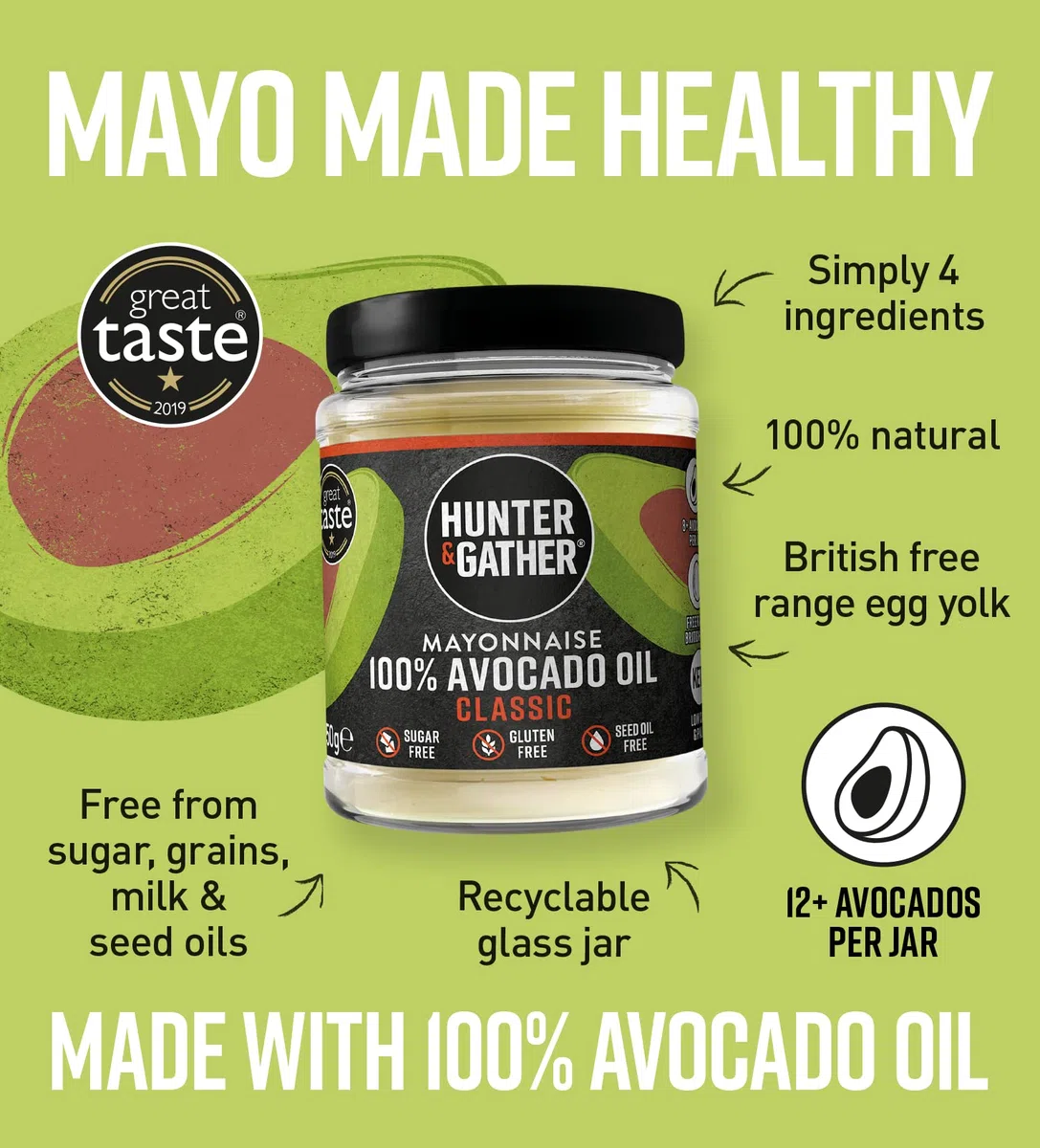 Hunter & Gather Mayonesa de Aceite de Aguacate | Clásico 250g | Hecha con Aceite de Aguacate Puro y Yema de Huevo de Granja Británica | Paleo, Keto, Sin Azúcar y Sin Gluten