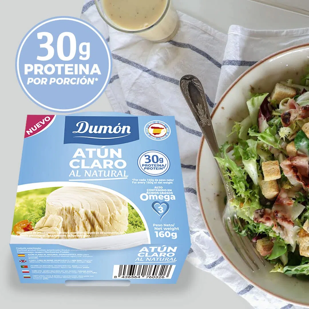 DUMON - 8 unidades de 160g Atún Claro al Natural en Conserva, en su propio jugo o agua. Pescado enlatado alto en Omega 3 y proteína