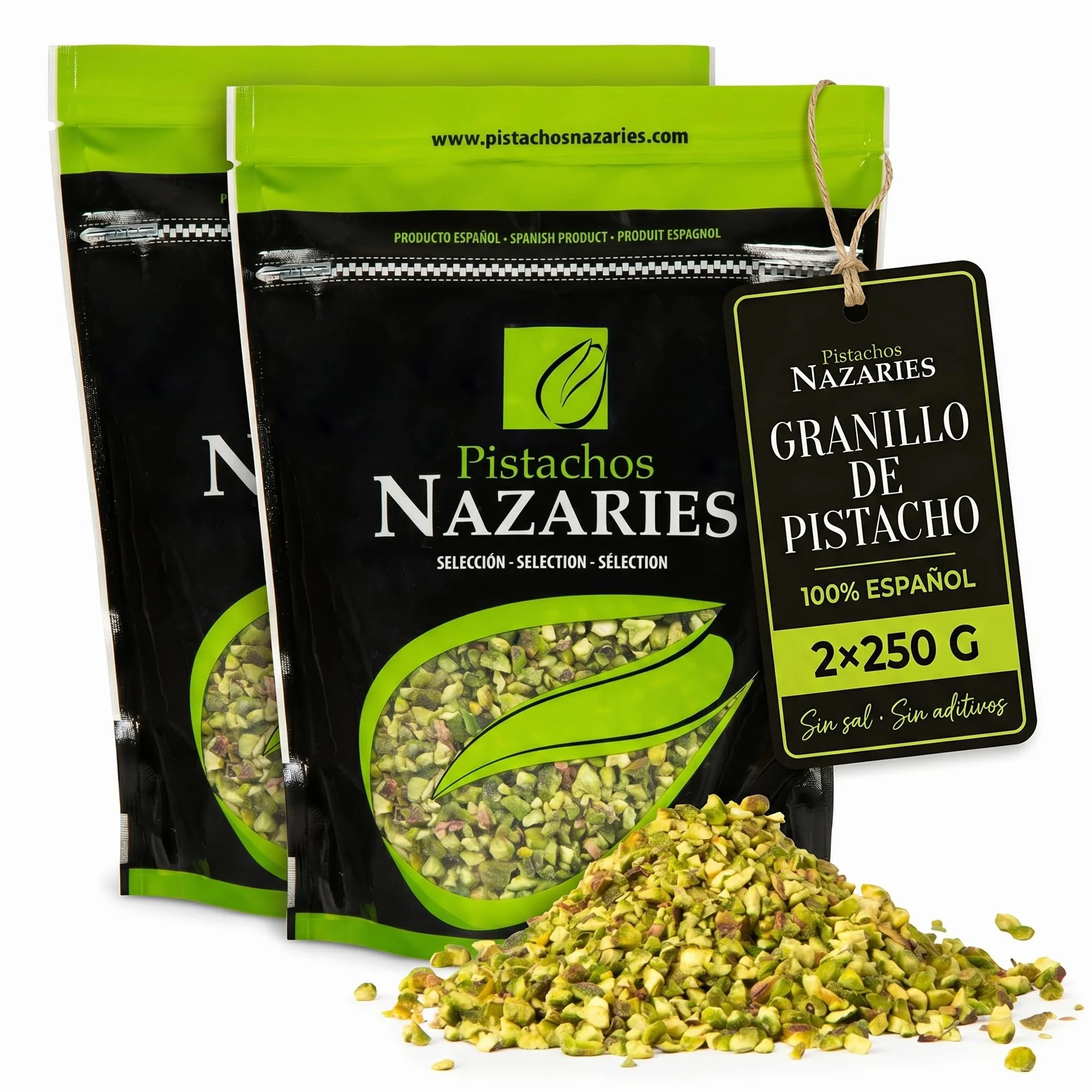 Nazaries Granillo de Pistacho al Natural Sin Sal pack 2x250 g Bolsa Hermetica Sin Gluten Andalucia Troceado Reposteria Helados Tarta Yogur Baklava Decoracion Postres Frutos Secos Picado Crudo Pelado