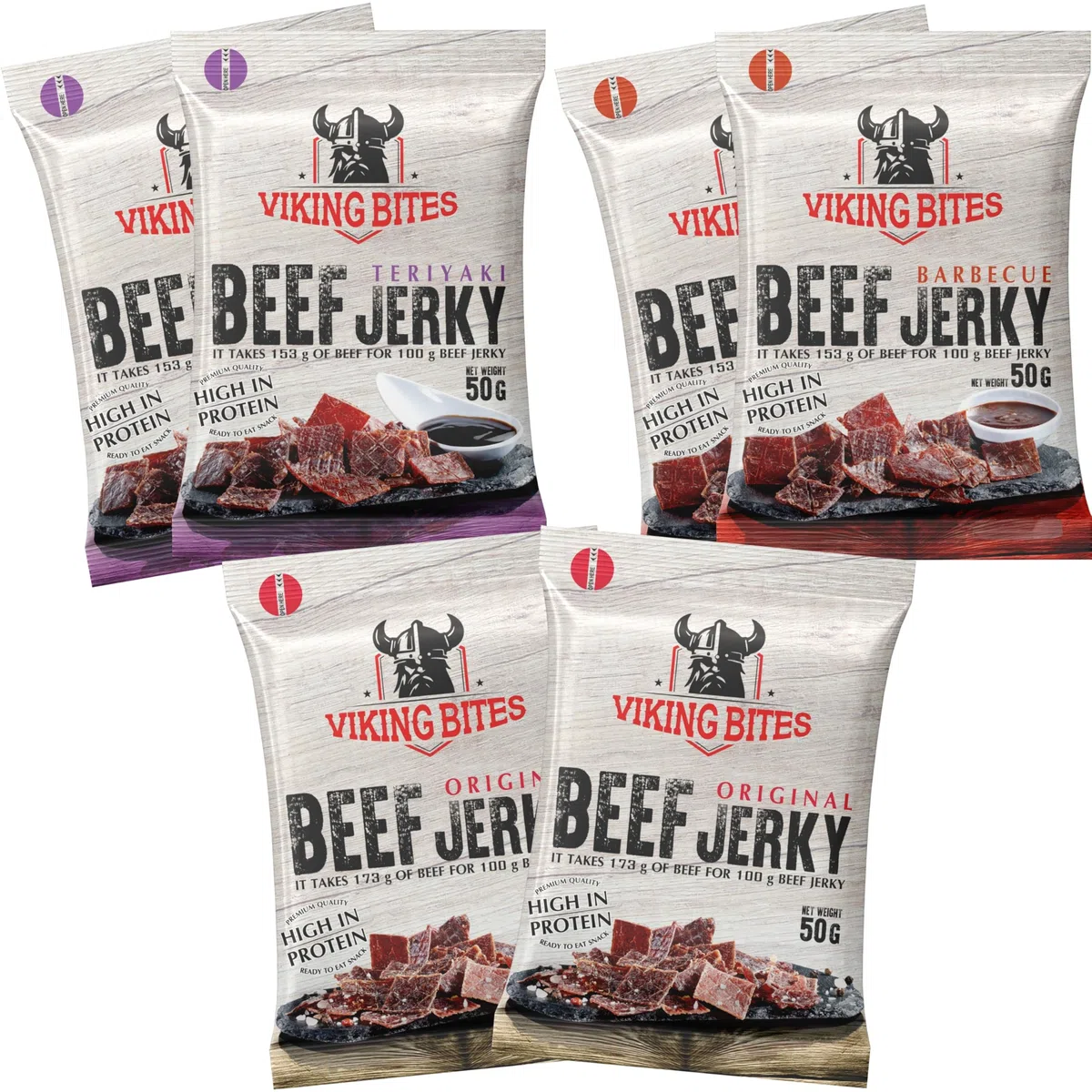 Viking Bites Beef Jerky, envase mixto de 300 g (6 x 50 g) - 2x Original, 2x Barbacoa, 2x Teriyaki - Cecina de ternera - Aperitivo de carne - Con un alto contenido de proteínas