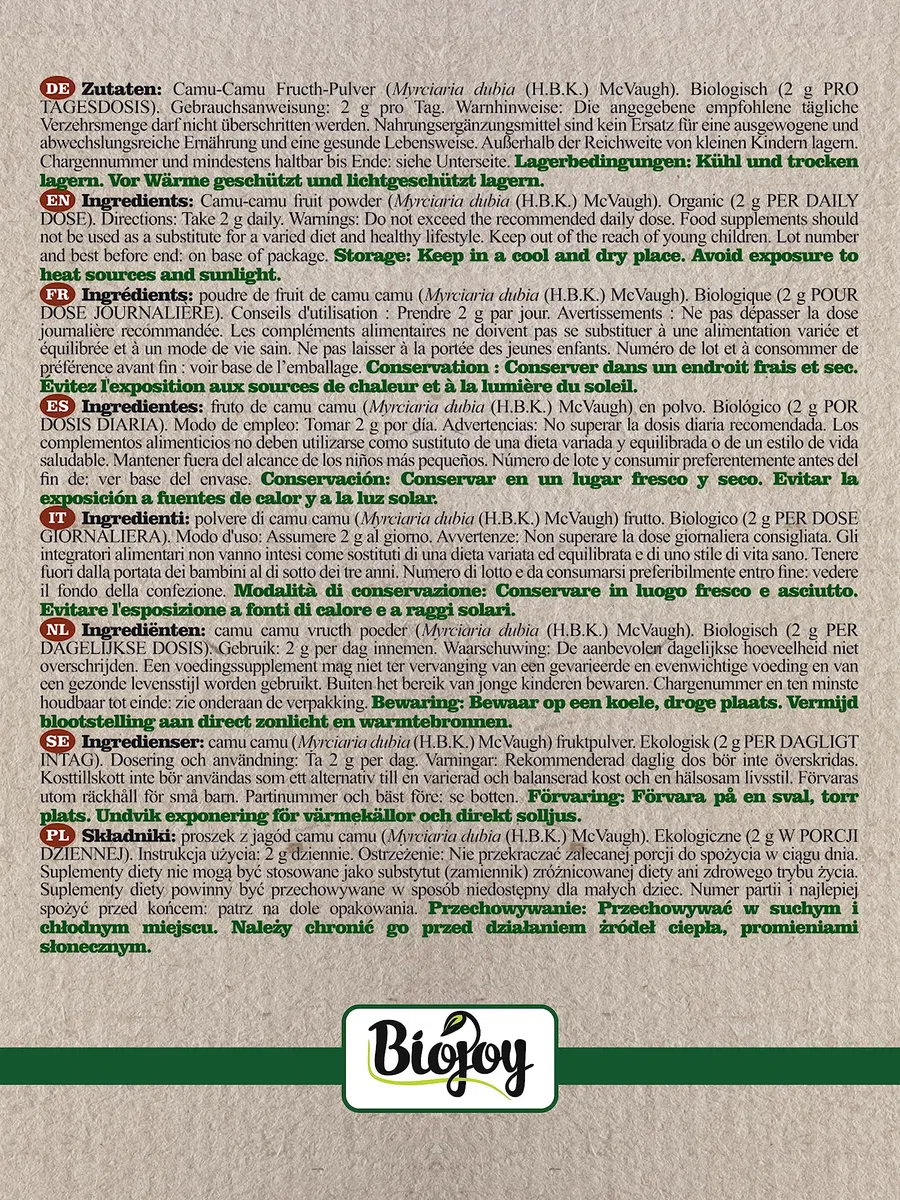 Biojoy Camu Camu en polvo Ecológico (250 g), sin aditivos