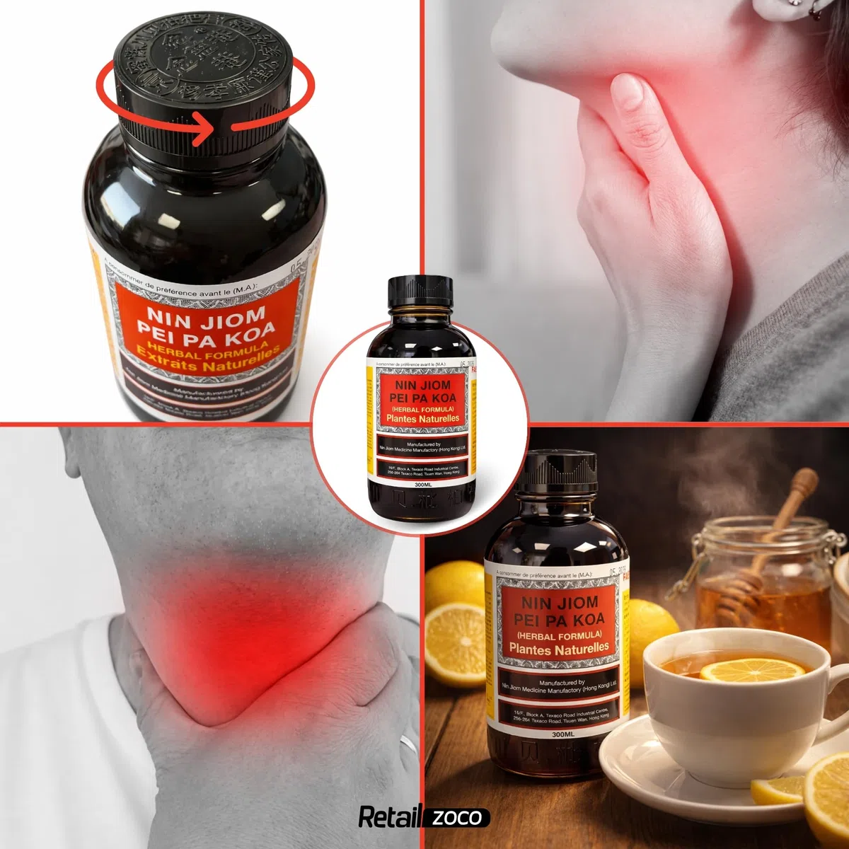 Nin JOM Pei pa Koa Sore Throat Syrup, Jarabe de dolor de garganta, 100% natural, Miel níspero flavoured, Jarabe de hierbas naturales, Honey Loquat Flavored, Contiene 1 botella de 300 ml