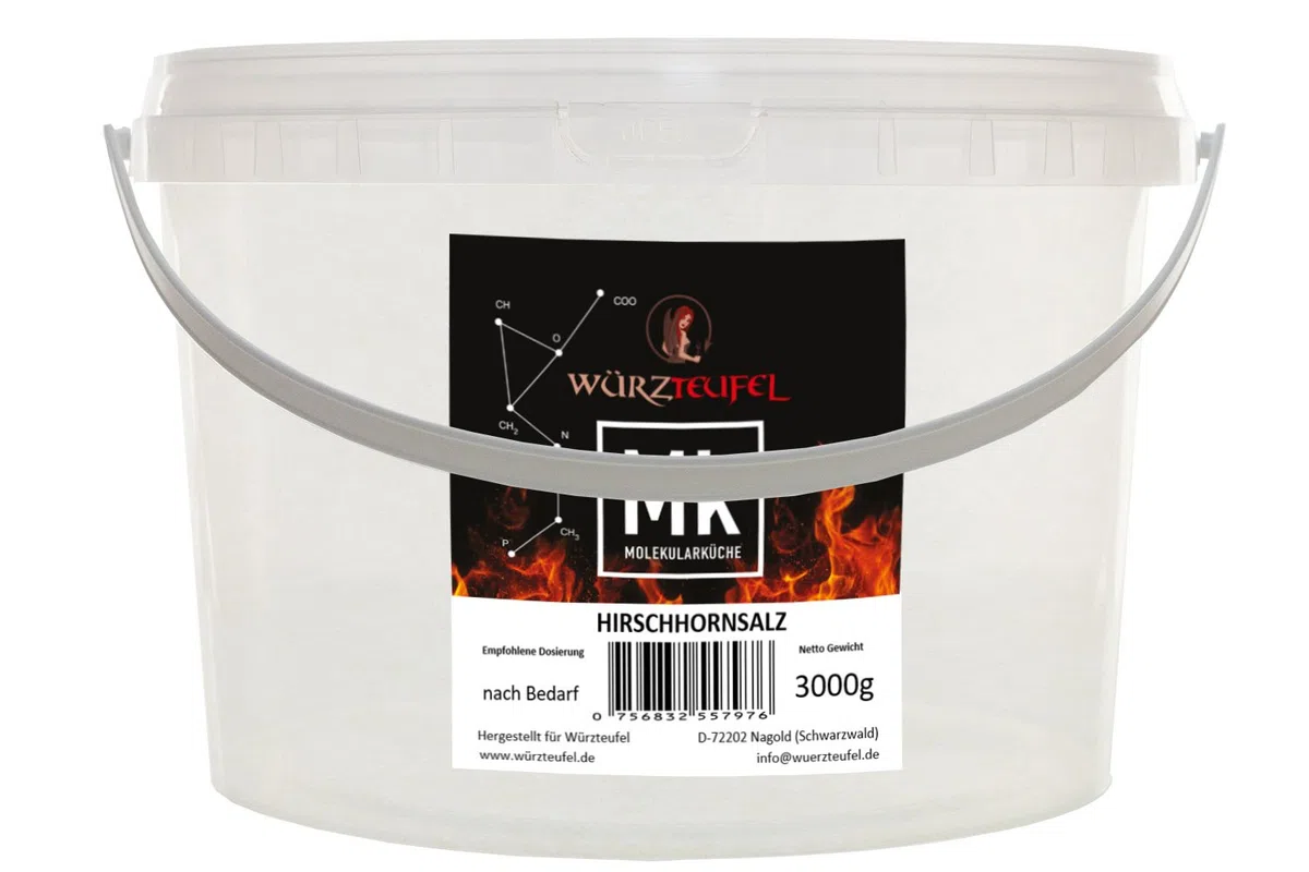 Sal de cuerno de ciervo extrafina, bicarbonato de amonio, polvo ABC, E 503. Cubo de polietileno de 2500 g (2,5 kg).