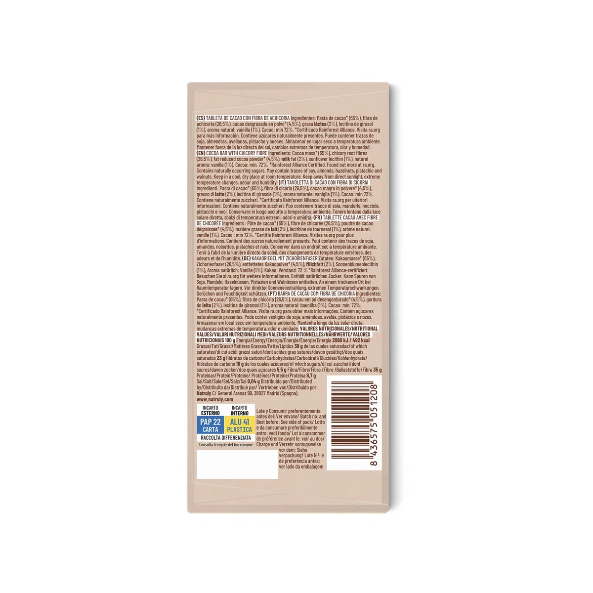 NATRULY Tableta de Chocolate sin Azúcar y sin Edulcorantes con Fibra de Achicoria, sin Gluten | Sabor Chocolate Negro 72% Cacao -Pack 6x85 g