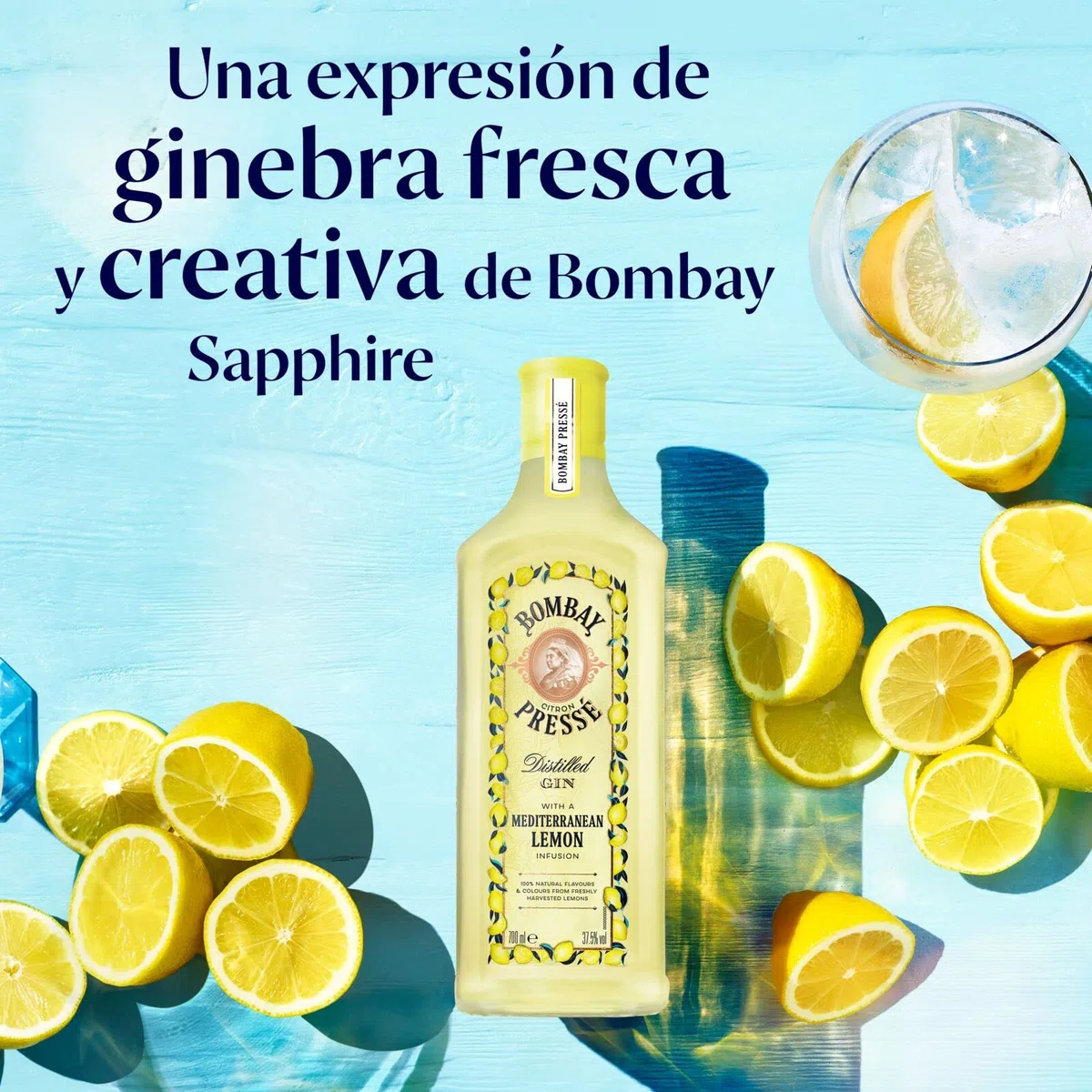 Bombay Citron Pressé Premium Distilled Lemon Flavoured Gin, 37,5% vol., 700 ml, Ginebra infusionada al vapor con los mejores limones del Mediterráneo, 70 cl