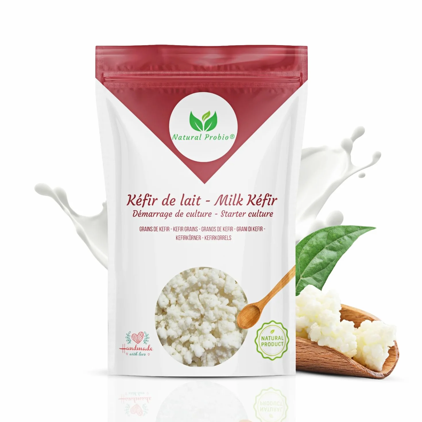 Natural Probio® Kéfir de leche, kit de inicio de cultivo de granos fermentados lácticos naturales, con leche certificada sin OGM, probiótico natural, instrucciones, receta y consejos (10g)