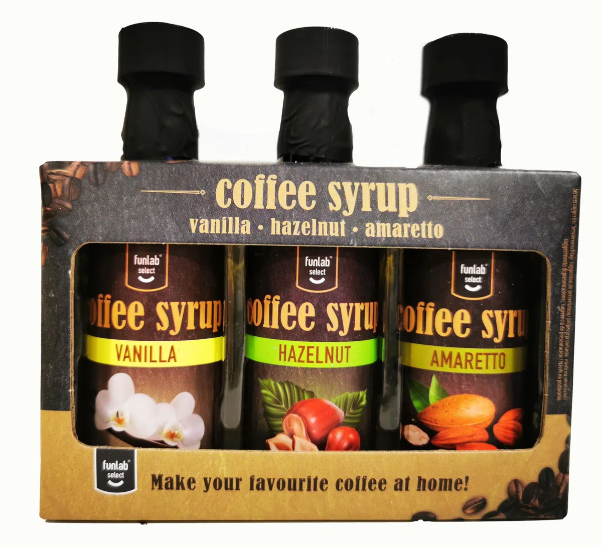 OsoRetail pack de 3 botellas de sirope de café | Funlab Select Almíbar de Avellana, Almíbar de Vainilla y Almíbar de Amaretto | para cafés y bebidas calientes | 3x 45ml