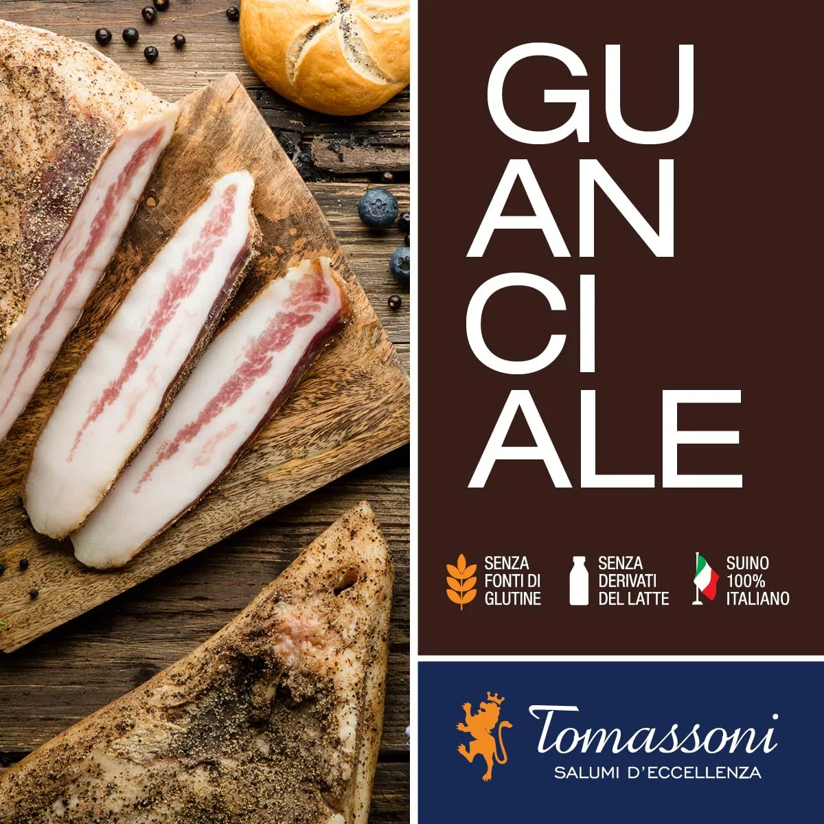 Tomassoni Carrilleras de Cerdo Italianas Sazonadas con Pimienta, Guanciale, Ingrediente para Carbonara, Amatriciana, sin gluten y sin lactosa, 100% italiano, pieza envasada al vacío 700 g