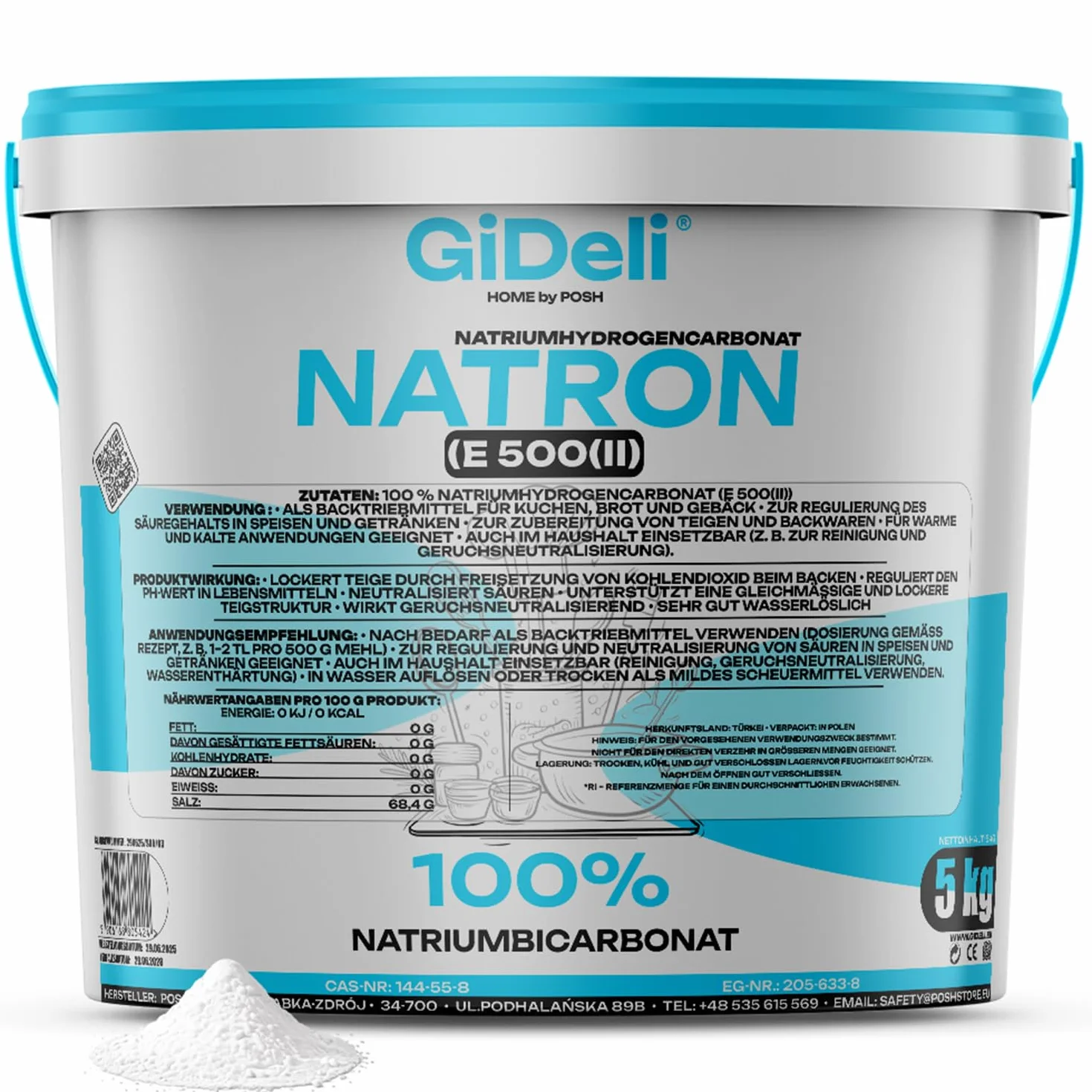 GiDeli Bicarbonato de Sodio 5kg - Perfecto para Cocinar, Hornear y Limpiar