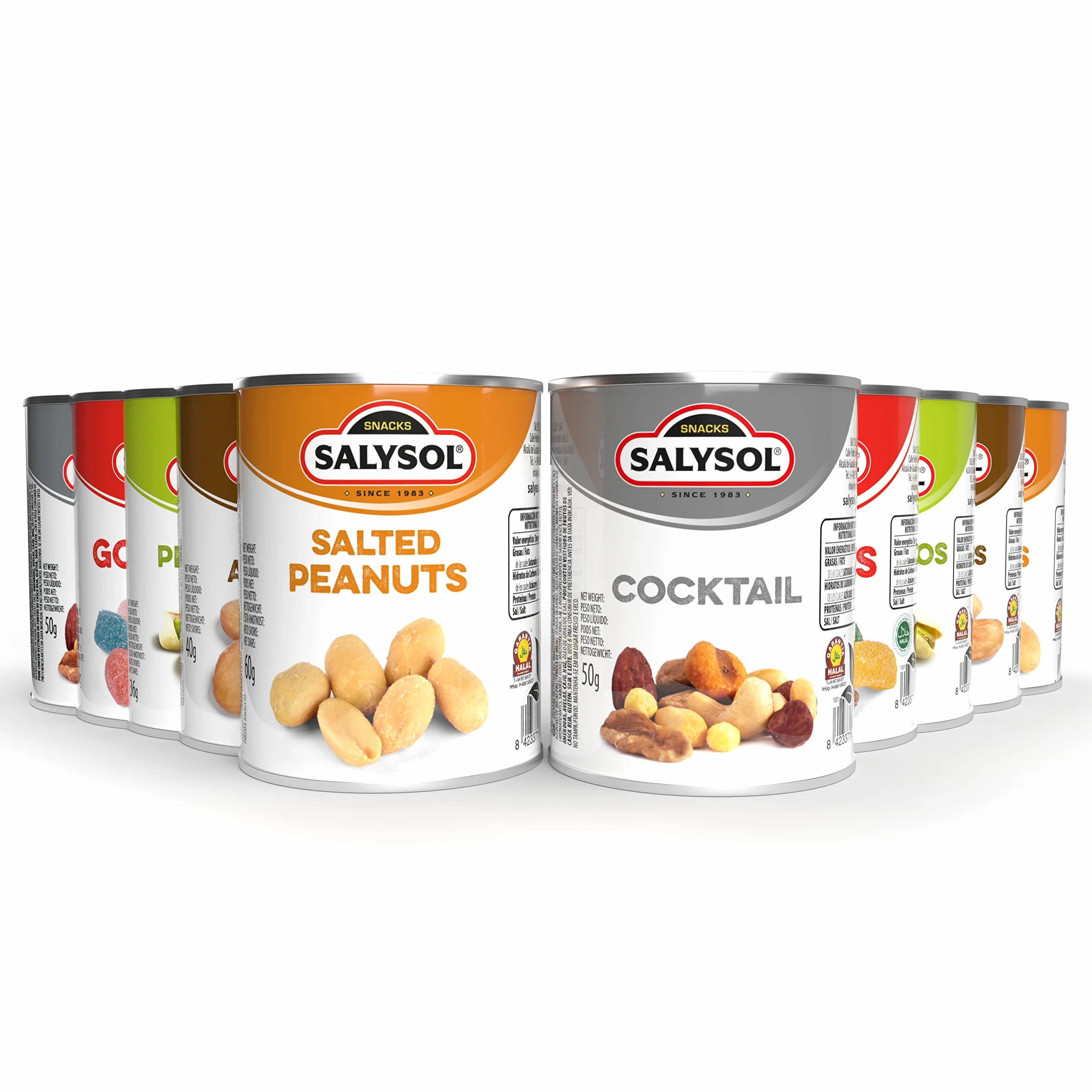 SALYSOL | Surtido frutos secos y snacks envasado al vacío 10x50gramos. Mix frutos secos, cacahuetes, pistachos, almendras, chuches con azúcar.