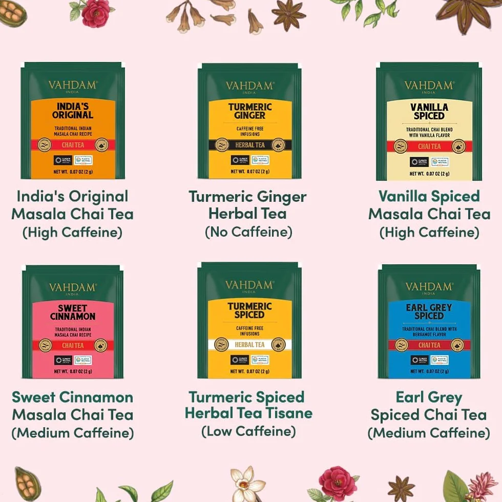 VAHDAM Caja De Regalo Variada De Té Chai (6 Sabores, 36 Bolsas) Con Cafeína, Sin Gluten, Sin OGM | Caja De Infusión De Con Mezclas De Indio Masala Chai