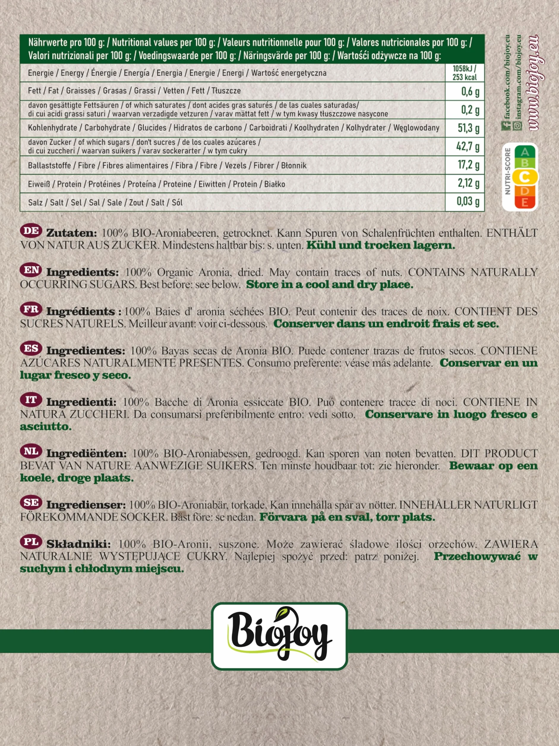 Biojoy Bayas de Aronia secas BÍO (500 g), Frutas enteras, sin azúcar añadido (Aronia melanocarpa)