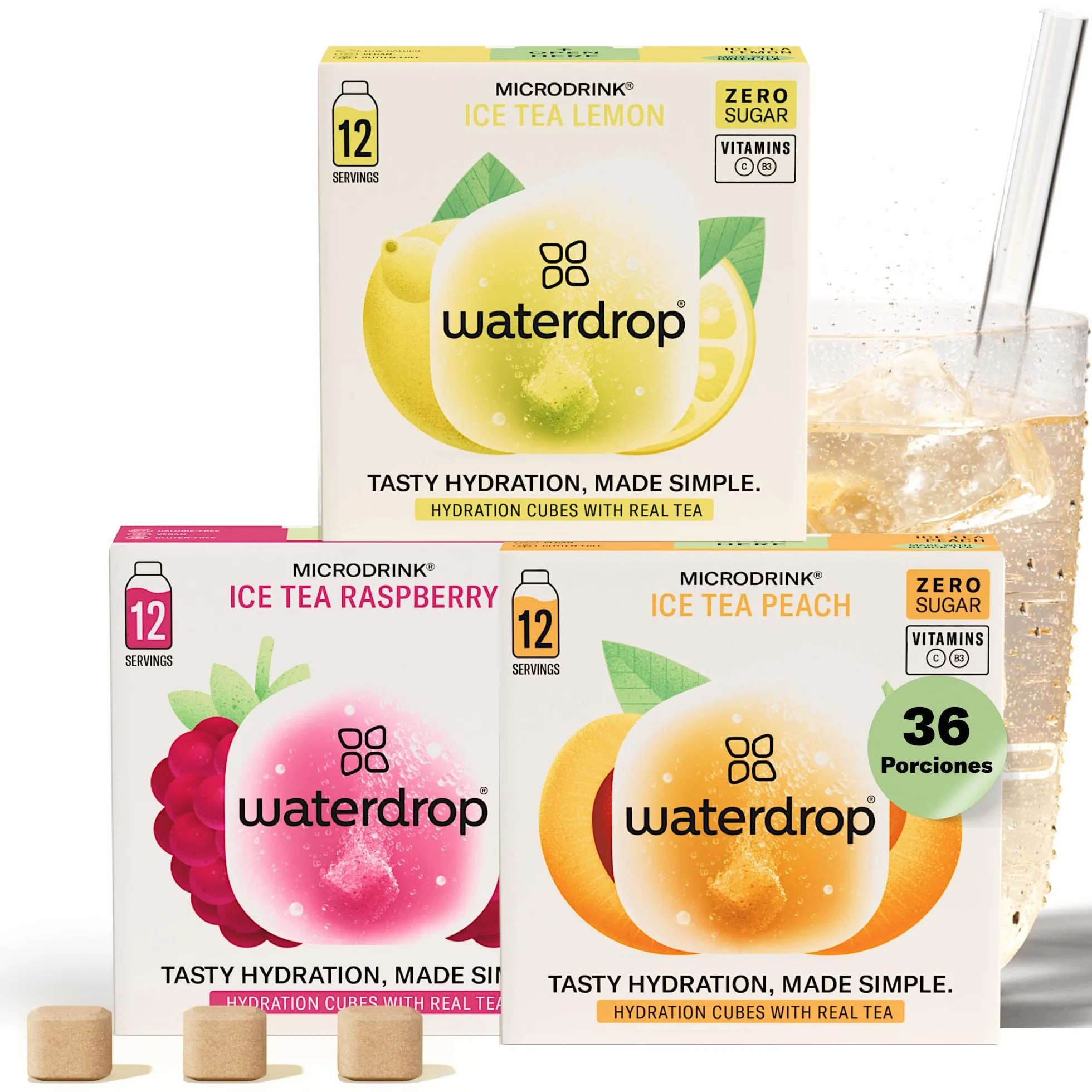waterdrop® Té Frio Mix, 36 Pastillas Saborizantes Para Agua Sin Azúcar, Te Verde y Negro, 3 Sabores Agua: Melocotón, Limón, Frambuesa, Refresco Instantaneo, Infusiones Variadas Polvo, Ice Tea