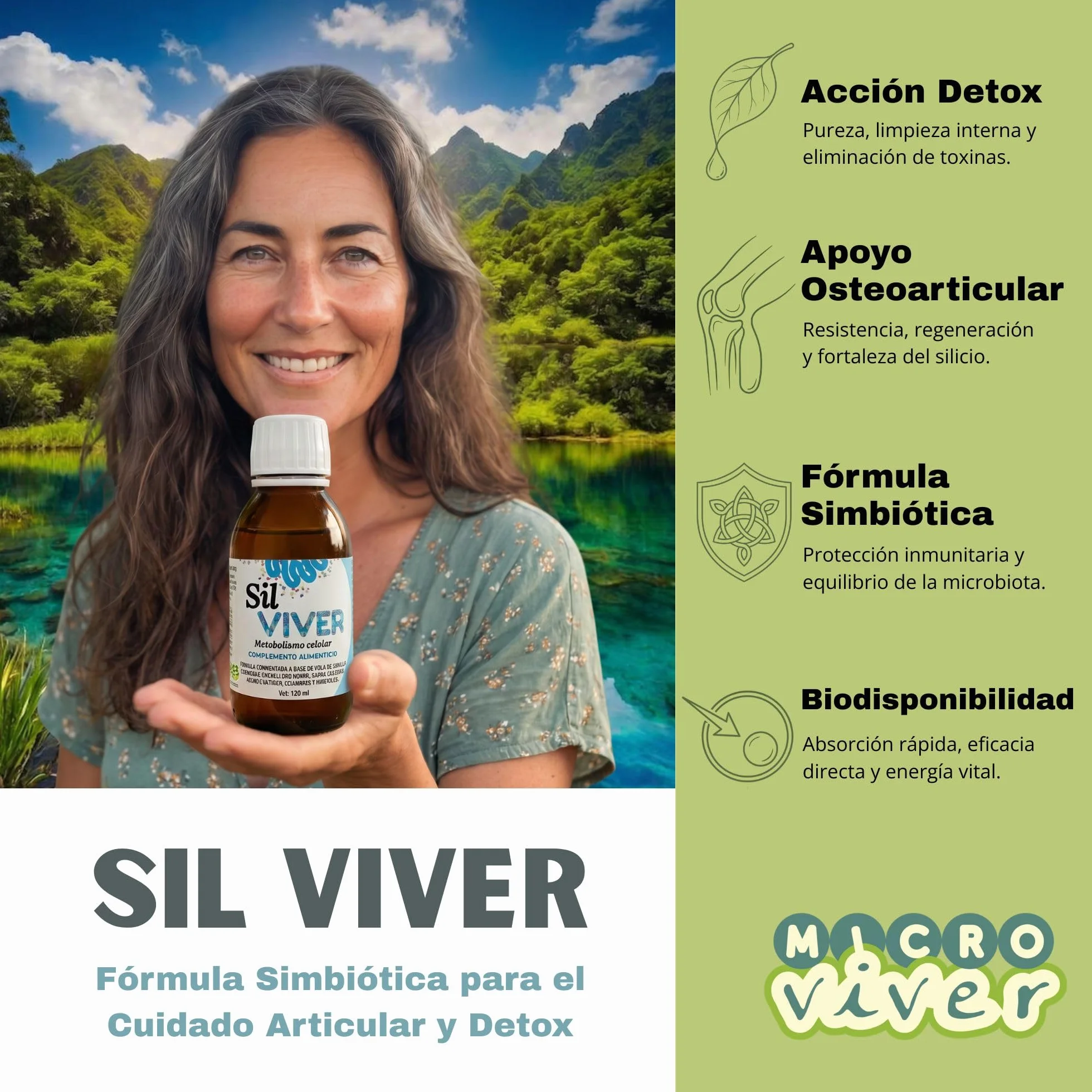 Microviver Sil VIVER 125ml Suplemento Simbiótico Líquido con Silicio y Probióticos para Bienestar Articular y Digestivo Vegano y sin Alcohol