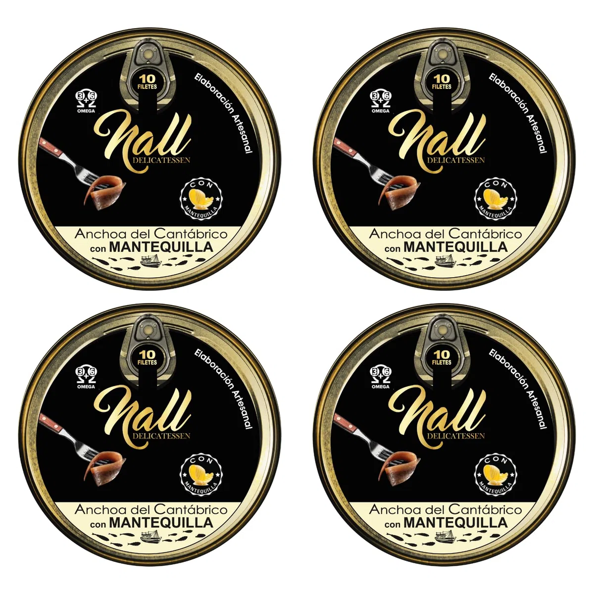 NALL DELICATESSEN Anchoas del Cantábrico XL 00 con MANTEQUILLA | Elaboración Artesanal con Aceite de Oliva Virgen Extra | 10 Filetes/lata (4 Latas)
