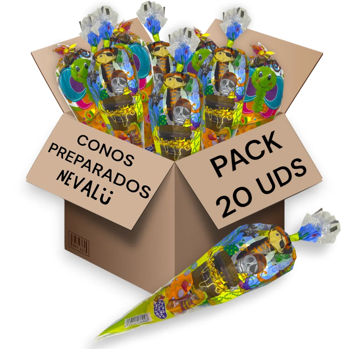 Nevalu Conos Rellenos de Golosinas. 20 Cucuruchos Rellenos de Chuches y Pasatiempo. Sin Gluten.