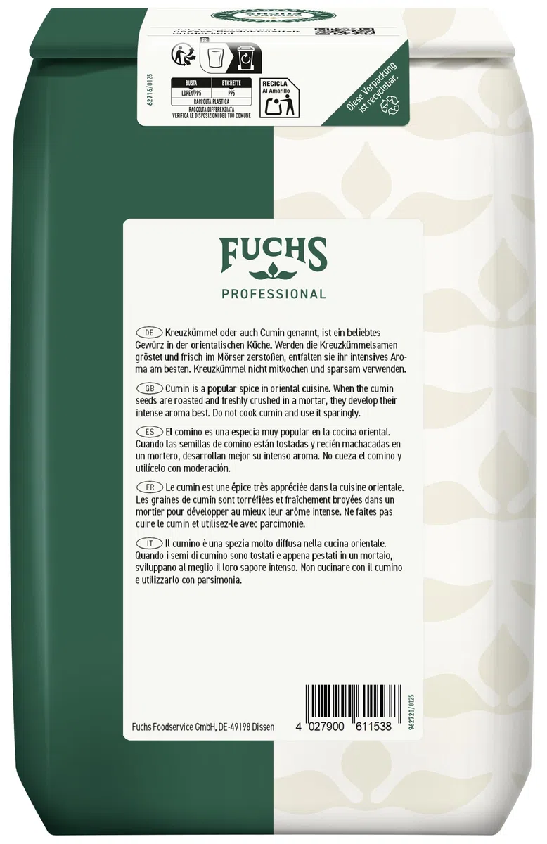 Fuchs Professional - Comino entero | 800 g en bolsa reciclable | Sabor picante y aromático para platos de curry, chiles y carne | Calidad profesional para consumidores a granel y gastronomía