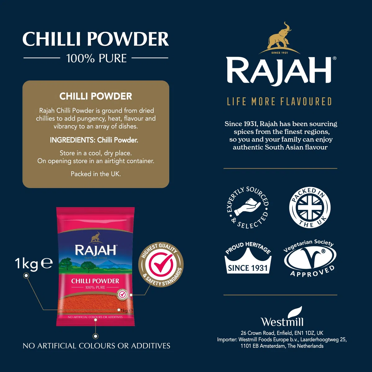 Rajah Spices Chilli Powder | Lal Mirch Powder | Mirch Powder | Chilli | Polvo de chile rojo | Polvo de chile caliente | (1kg)
