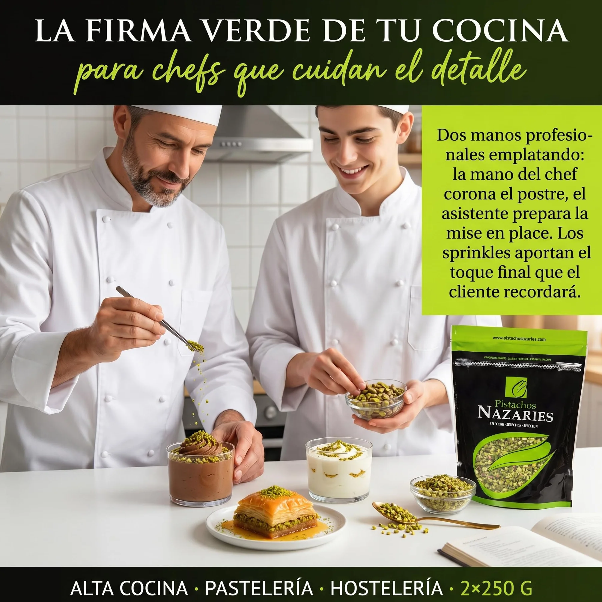 Nazaries Granillo de Pistacho al Natural Sin Sal pack 2x250 g Bolsa Hermetica Sin Gluten Andalucia Troceado Reposteria Helados Tarta Yogur Baklava Decoracion Postres Frutos Secos Picado Crudo Pelado