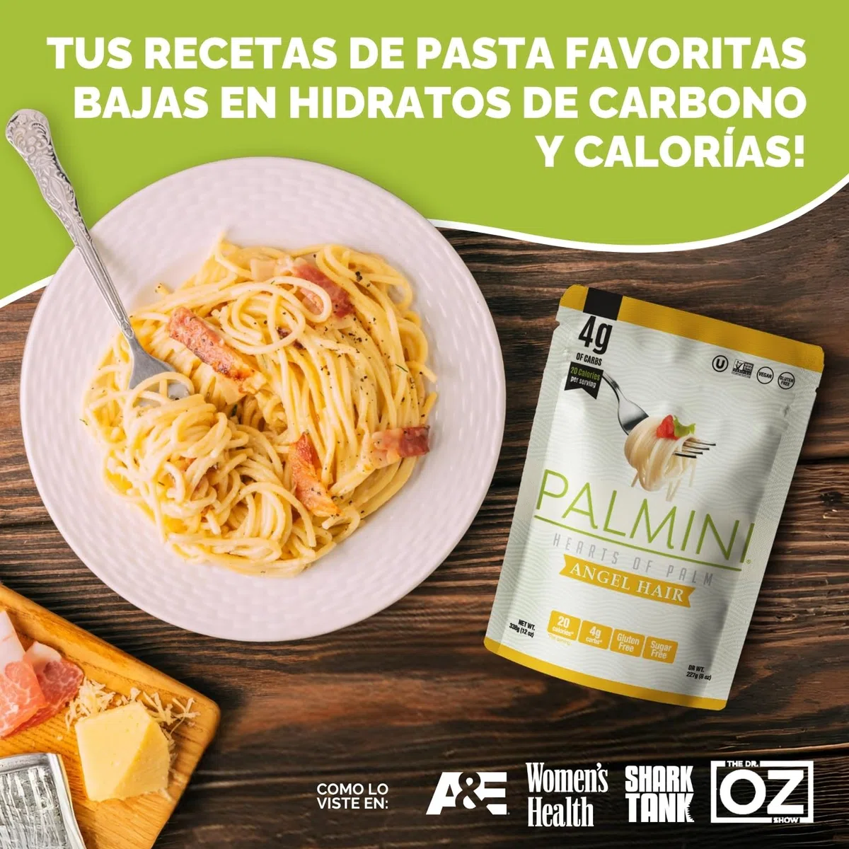 PALMINI Angel Hair – Spahetti – Palmito – Bajo en calorías – Bajo en carbohidratos – Keto - Vegano – Libre de OGM – Libre de Gluten – Sin azúcar – 338g | (Pack de 3 unidades)