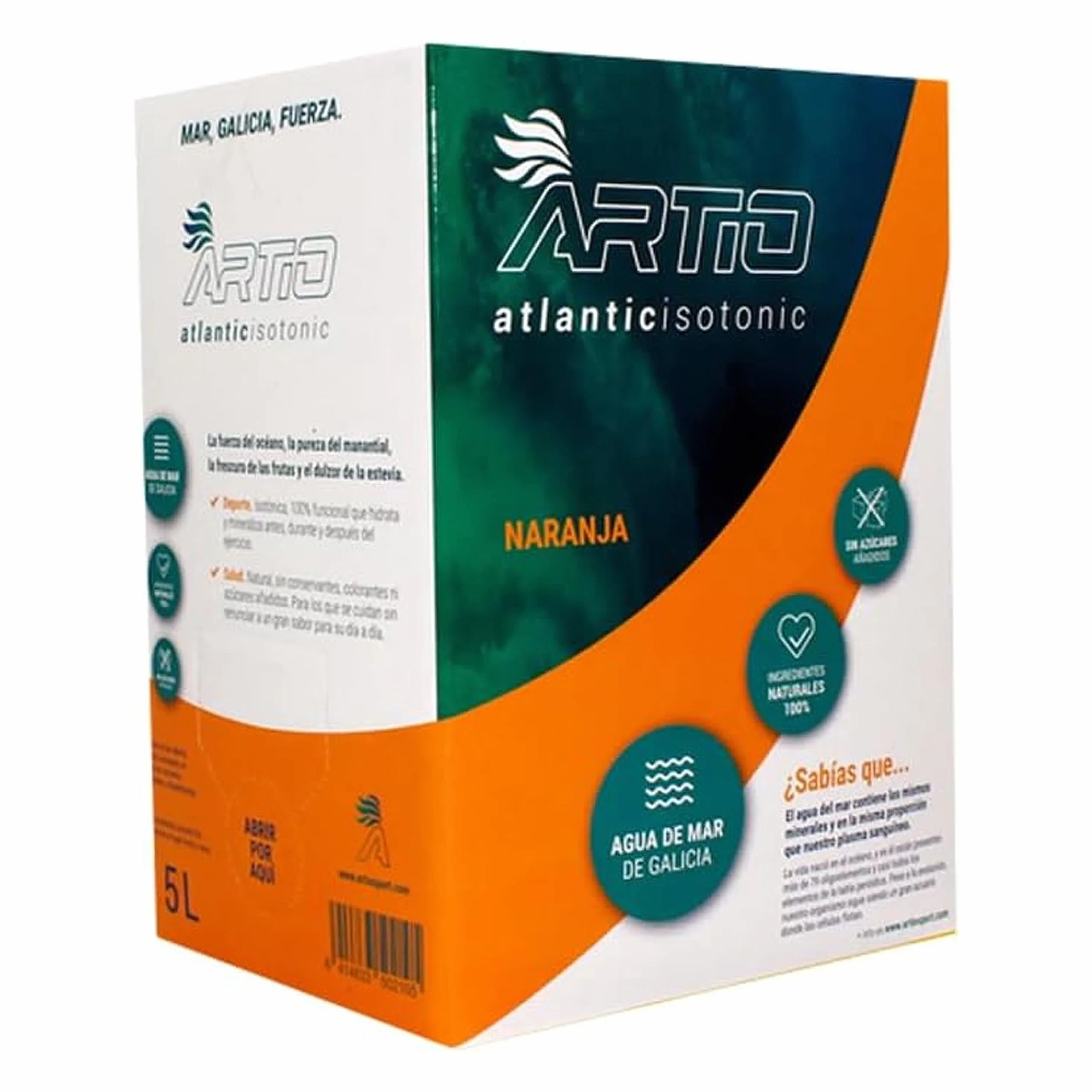 ARTIO Sport Naranja 5L Bebida isotónica elaborada con un 10% de agua de mar y 78 minerales biodisponibles que proporcionan la mejor hidratación